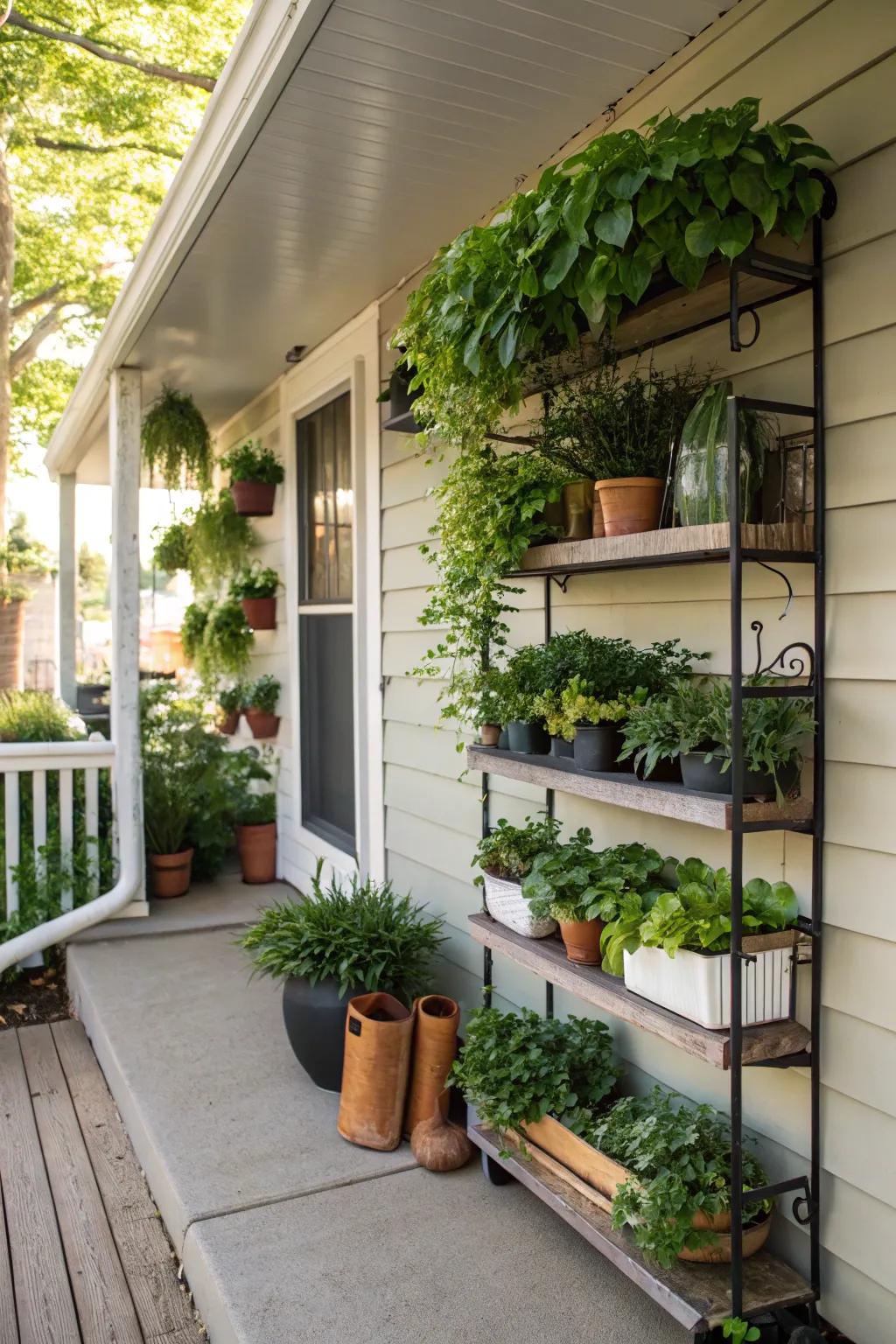 Vertical planters introduce verdure to a modest back veranda without conceding floor expanse.