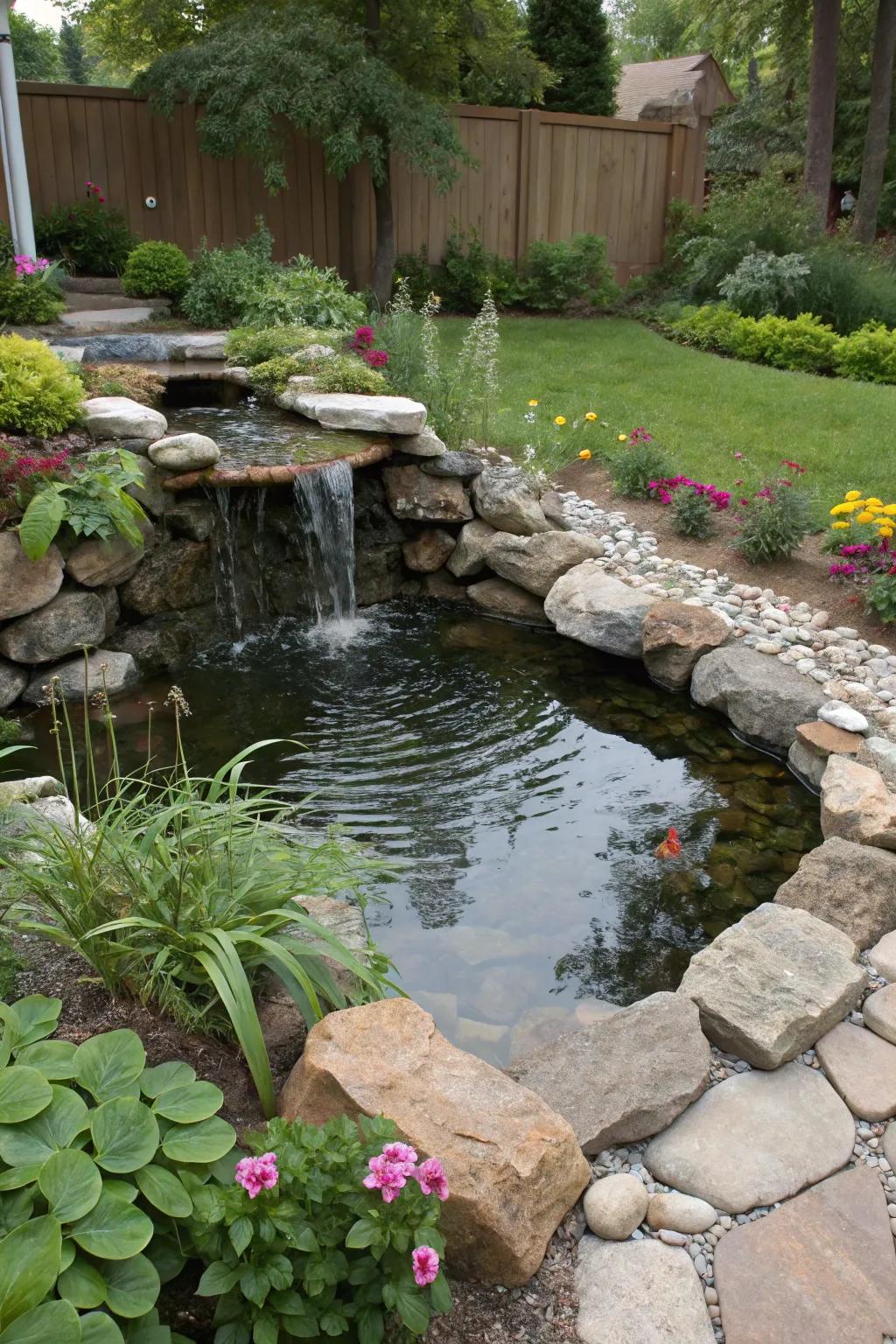A miniature waterfall contributes comforting sounds and movement to a small pond.