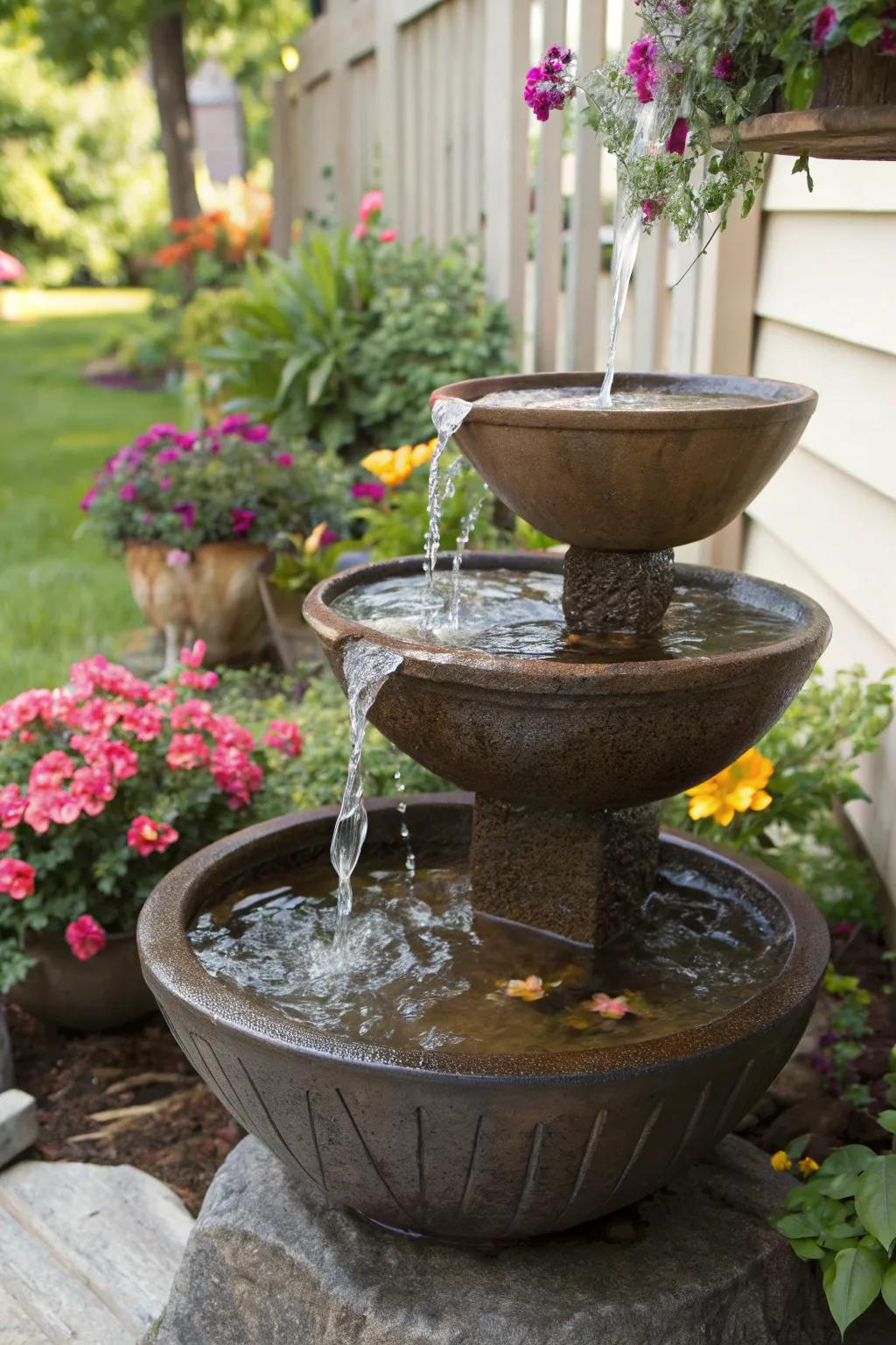 Tiered bowls fashion a captivating vertical waterfall element.