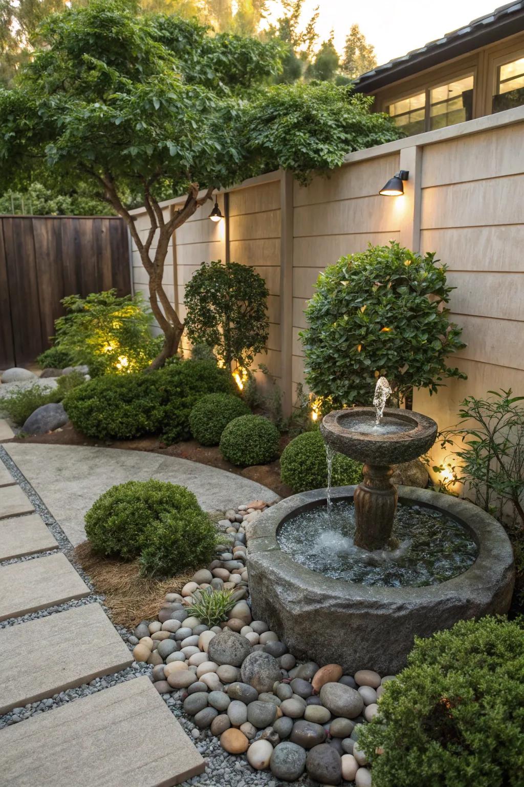 A peaceful backyard zen garden includes a small fountain embraced by rich greenery.