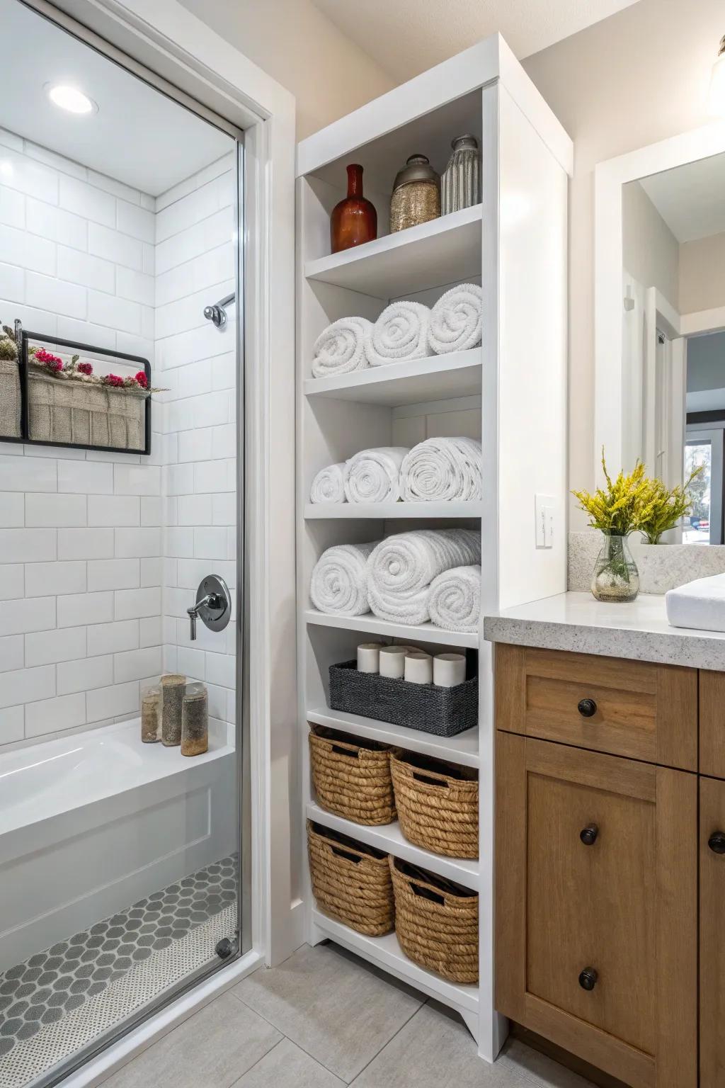 Achieve both functionality and decorative appeal with open shelving.