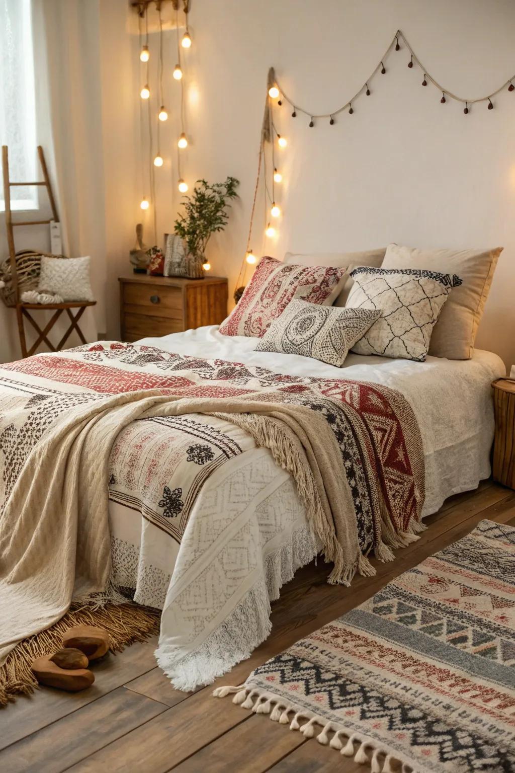 Layered fabrics contribute warmth and richness to this small boho bedroom