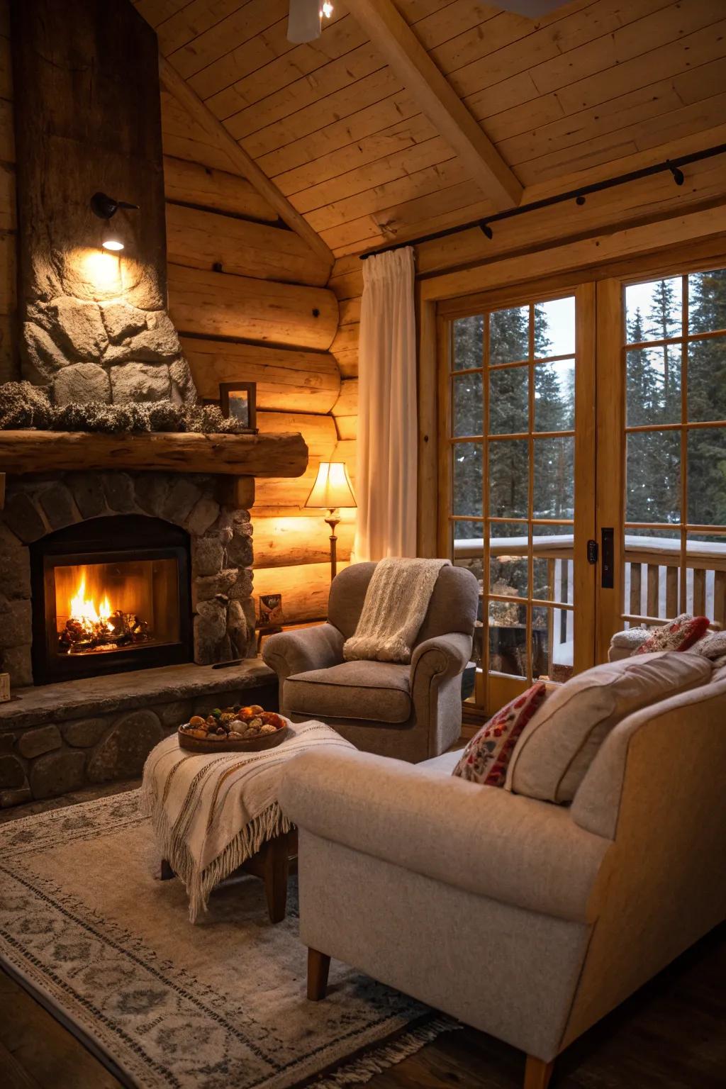 A snug cabin showcasing welcoming light fixtures and sumptuous chairs.