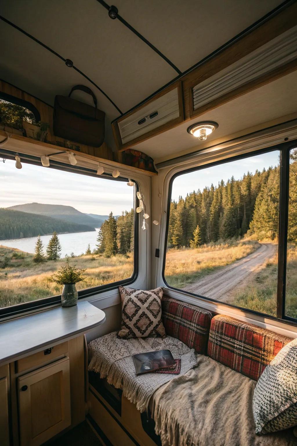 Expansive windows in a camper generating a radiant and breezy ambiance.