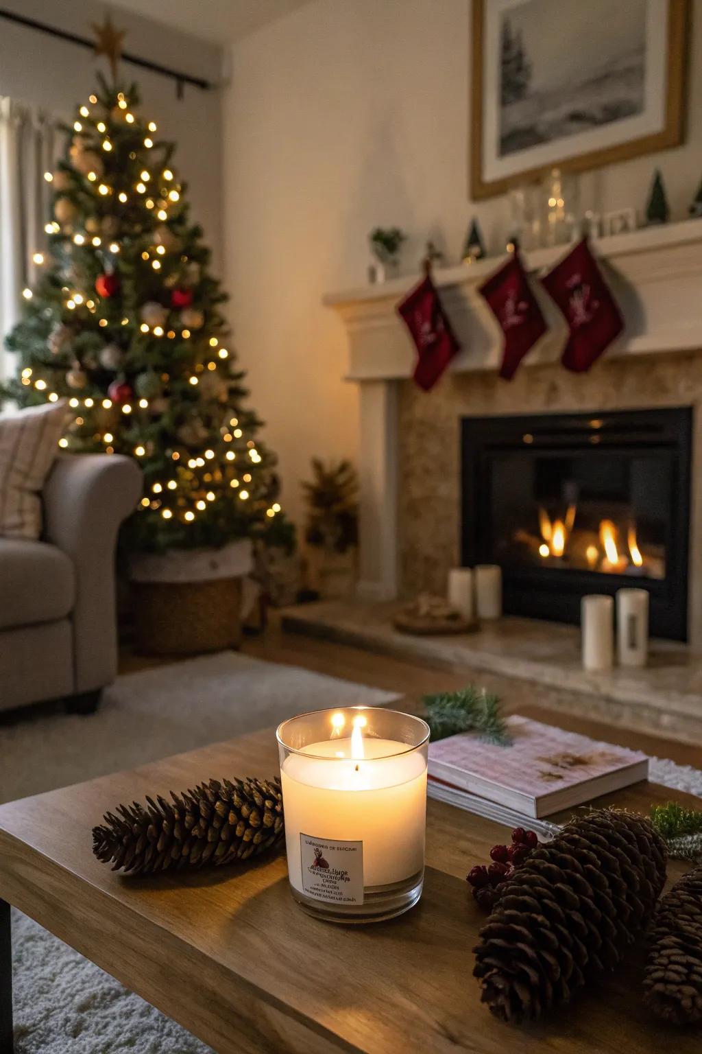 A scented candle setting the mood for the holidays.