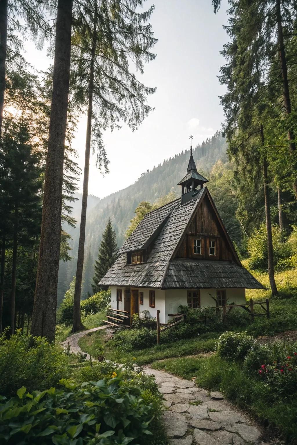 A cottage with a peaked roof settled in a peaceful forest environment.