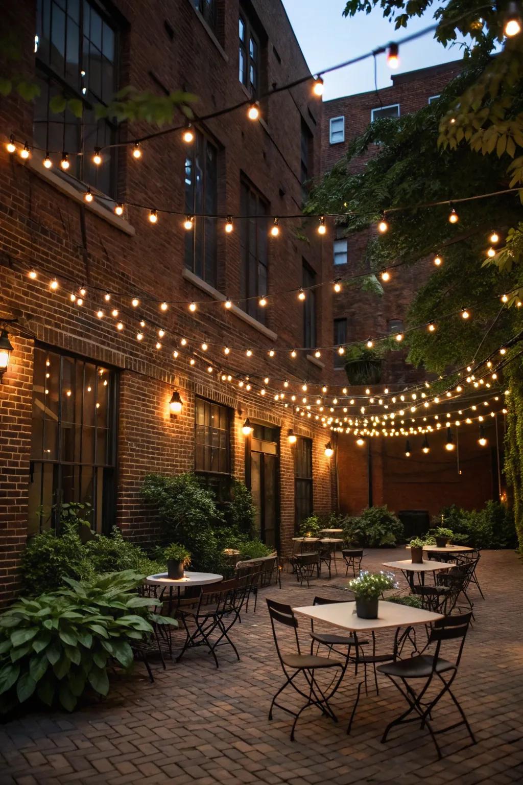 Festoon lighting includes a special touch to a small courtyard.
