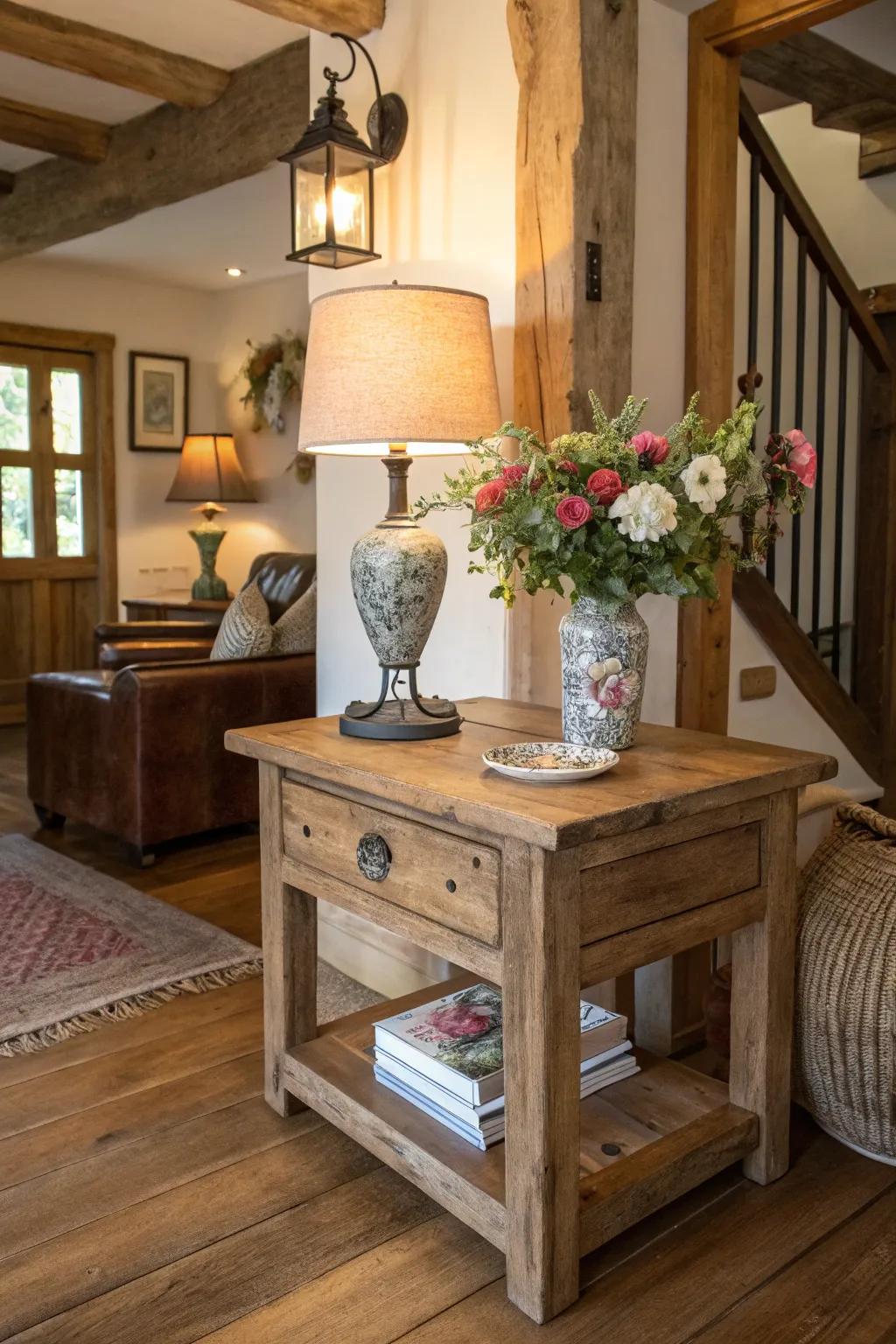 Country-style timber side table imparts warmth to any room inspired by a country house.
