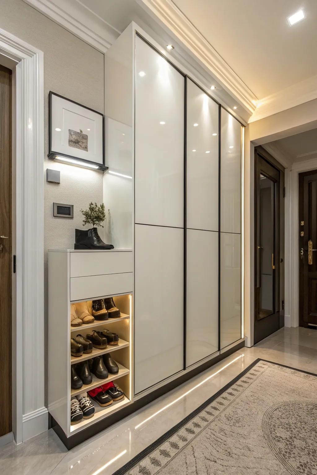 Enclosed footwear cabinets create a clean and organized entryway.
