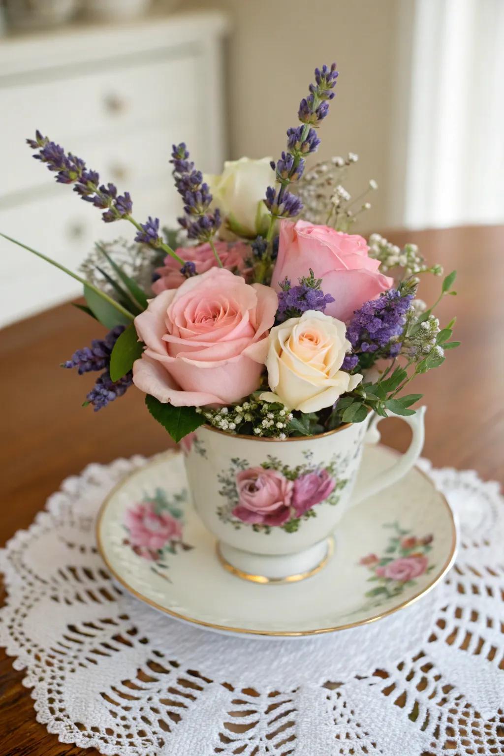 Antique beverage cups constitute elegant botanical containers.