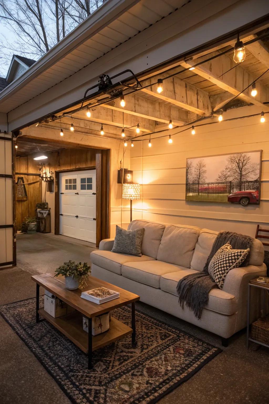 A small garage becomes an inviting living room.