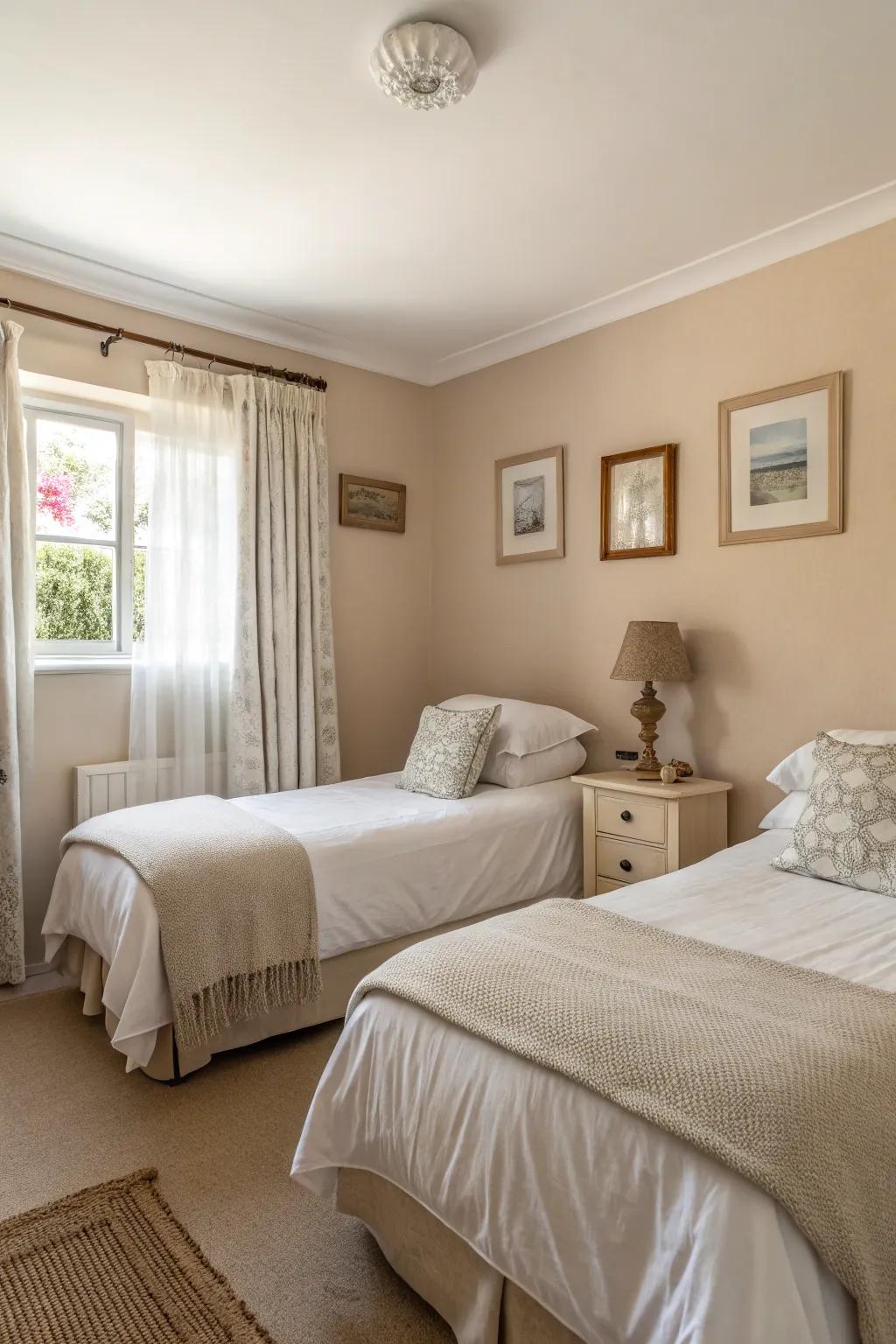 Neutral colors create a spacious and serene atmosphere.