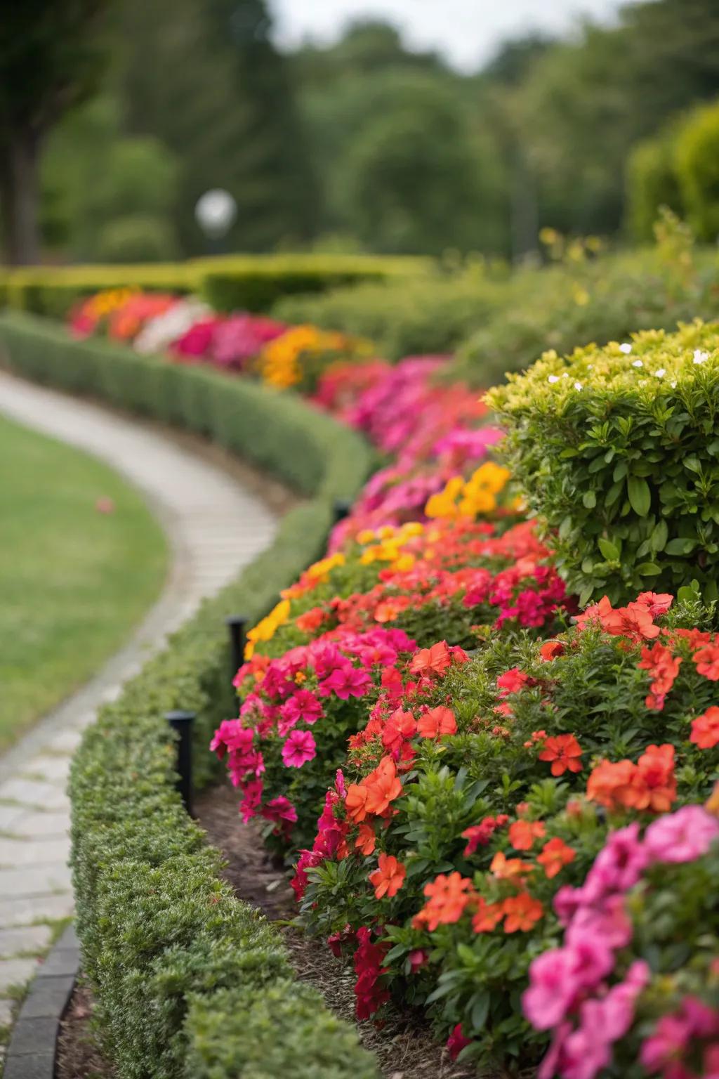 Flowerbeds highlighted by petite hedges for a compelling garden panorama.