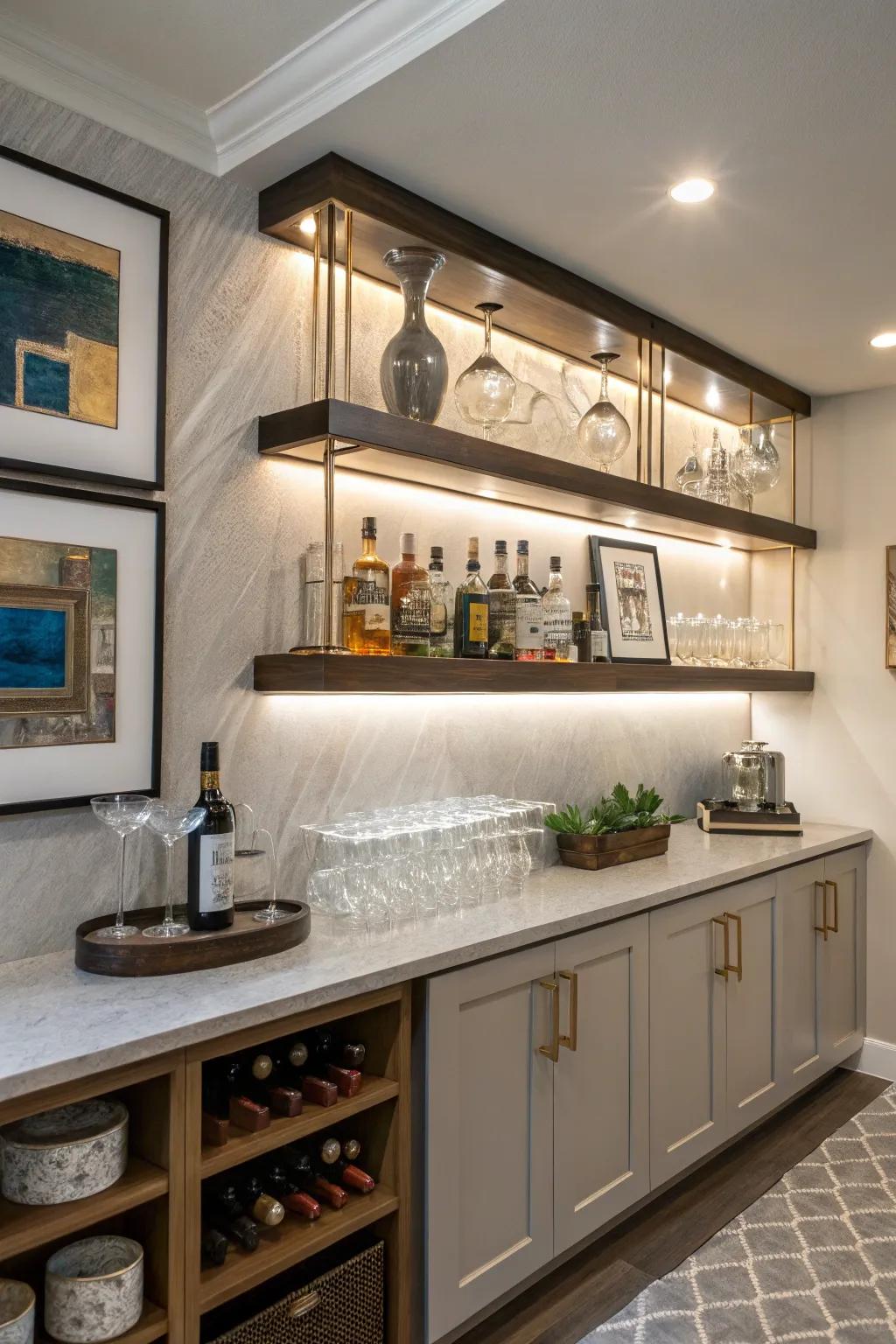 Elevated shelves impart a refined nuance to any petite home bar.