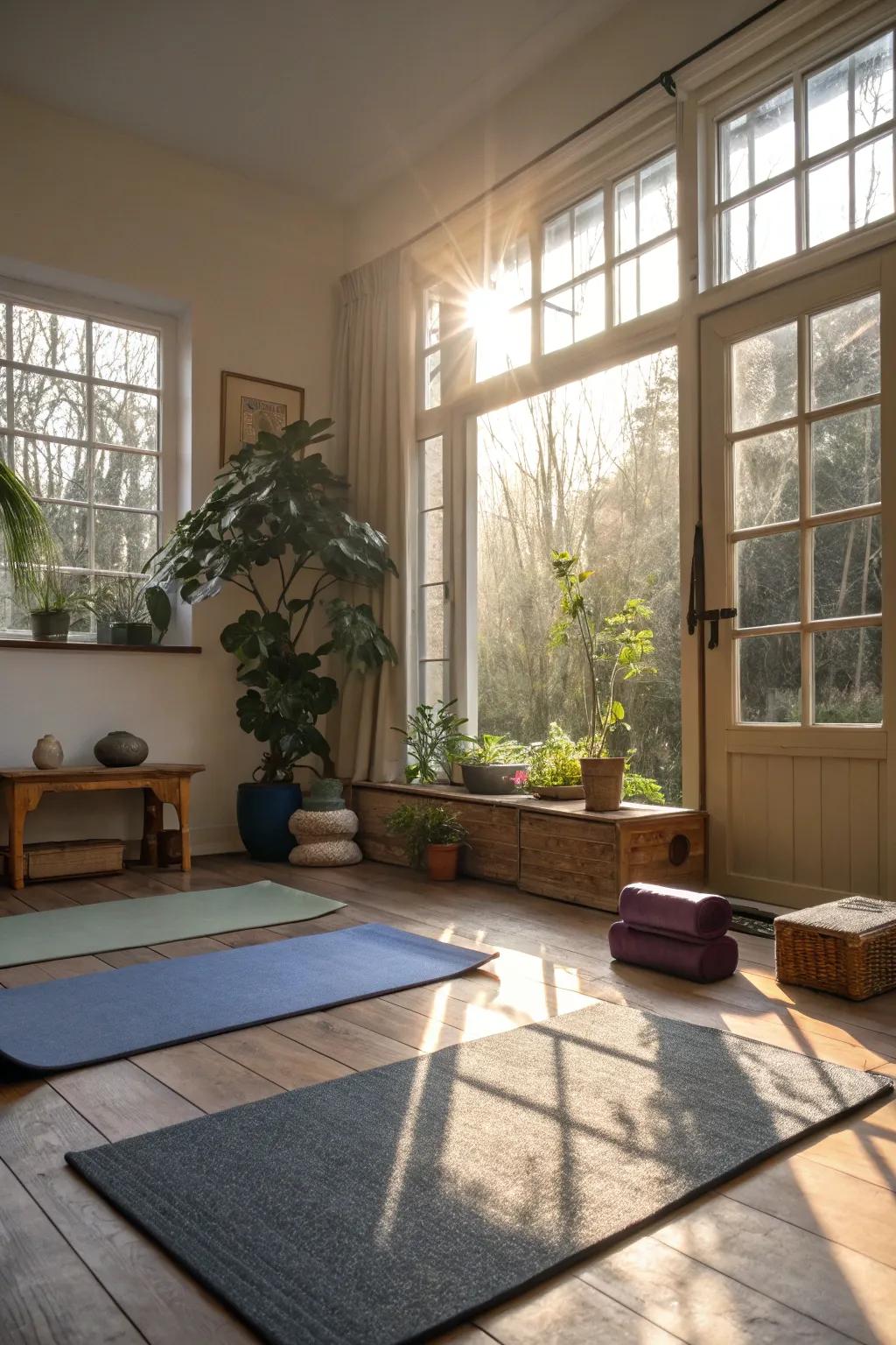 Small yoga space with ample natural light from a large window.