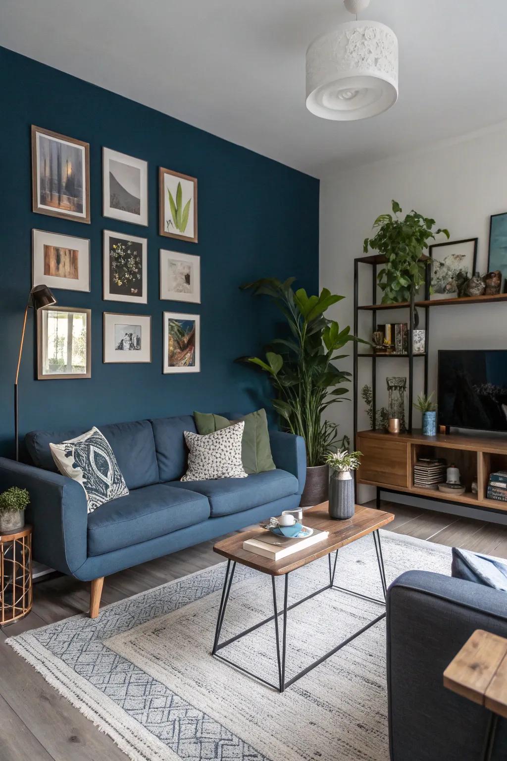 A small living room with a deep blue accent wall adding depth.