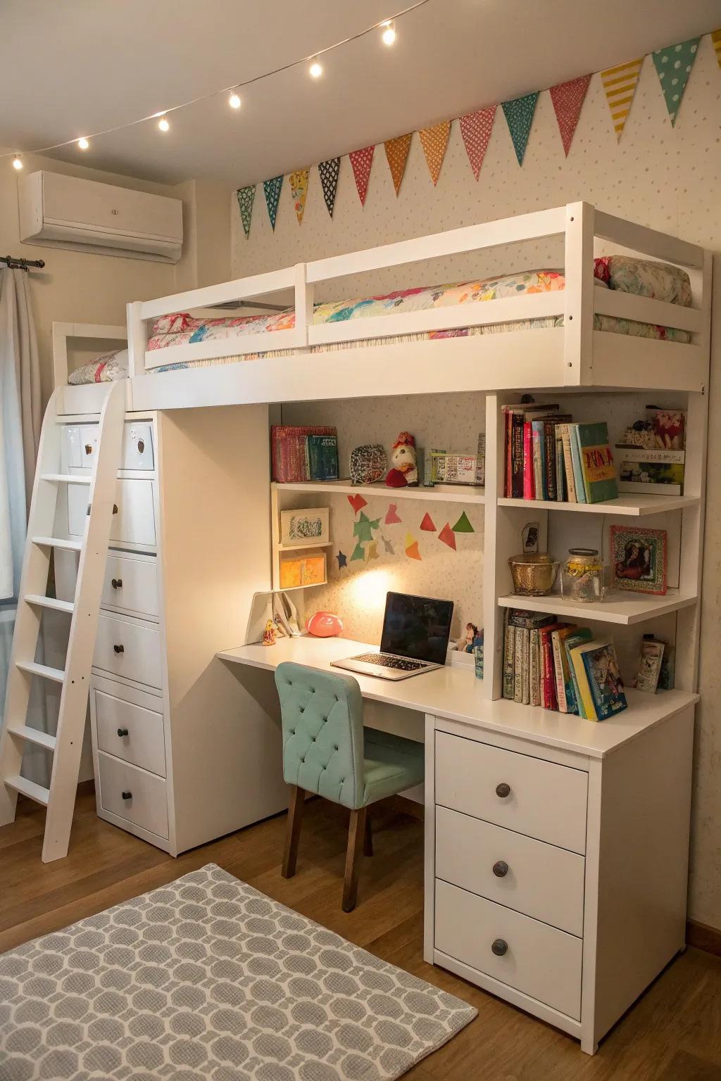 High-rise beds combine sleeping, studying, and storage into one design.