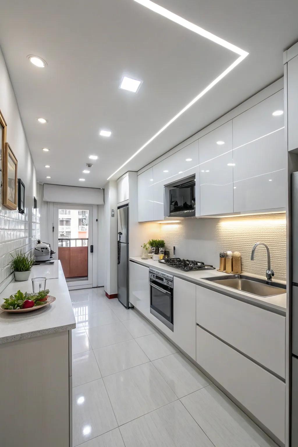 Integrated lighting maintains a radiant and orderly ambiance in compact kitchens.