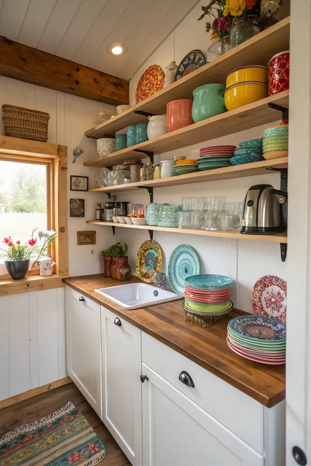 Uncovered storage enhances design and practicality within a reduced cooking area.