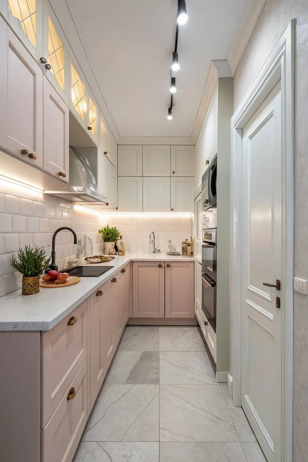 Bright colors and lighting transform a small kitchen into a welcoming space.