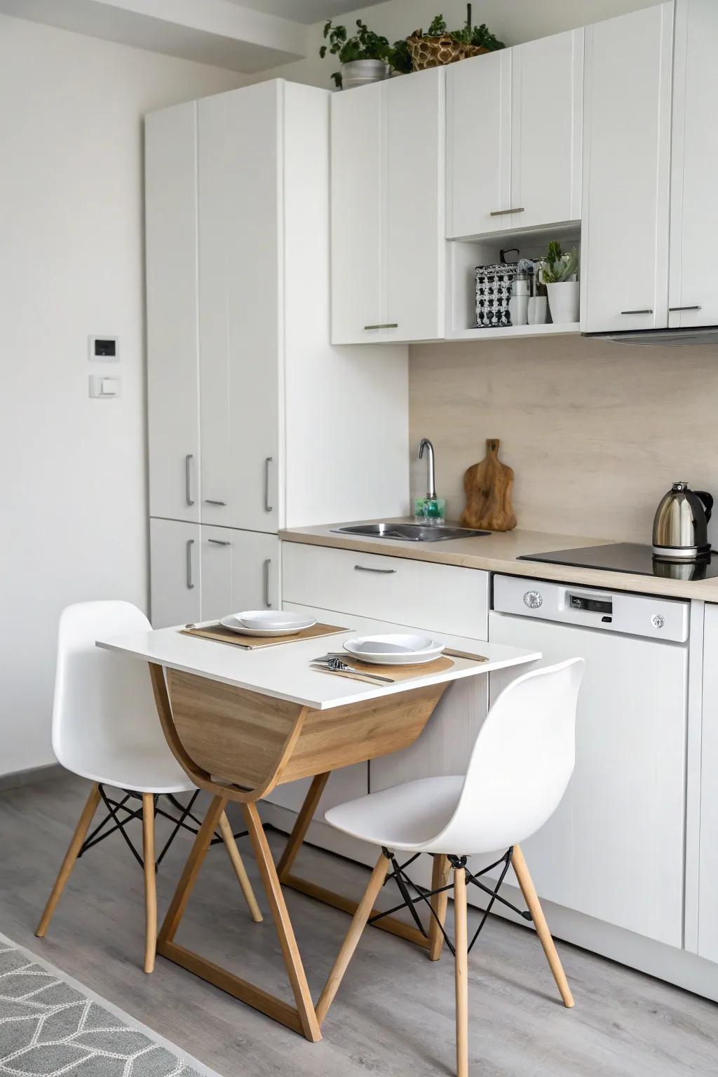 A folding table enhances space in a limited kitchen.