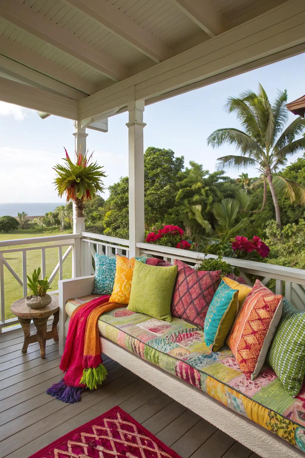 Brighten your lanai with an array of vibrant cushions and throws to cultivate a lively atmosphere.
