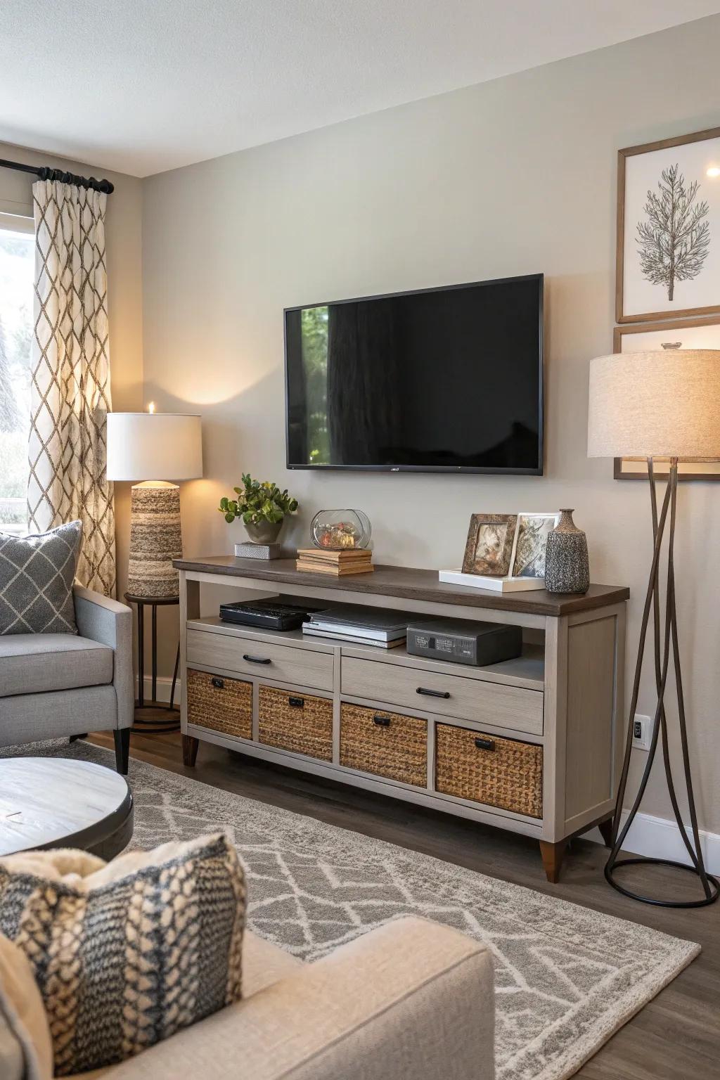 A wall-secured television economizes area and contributes a modern sophistication.