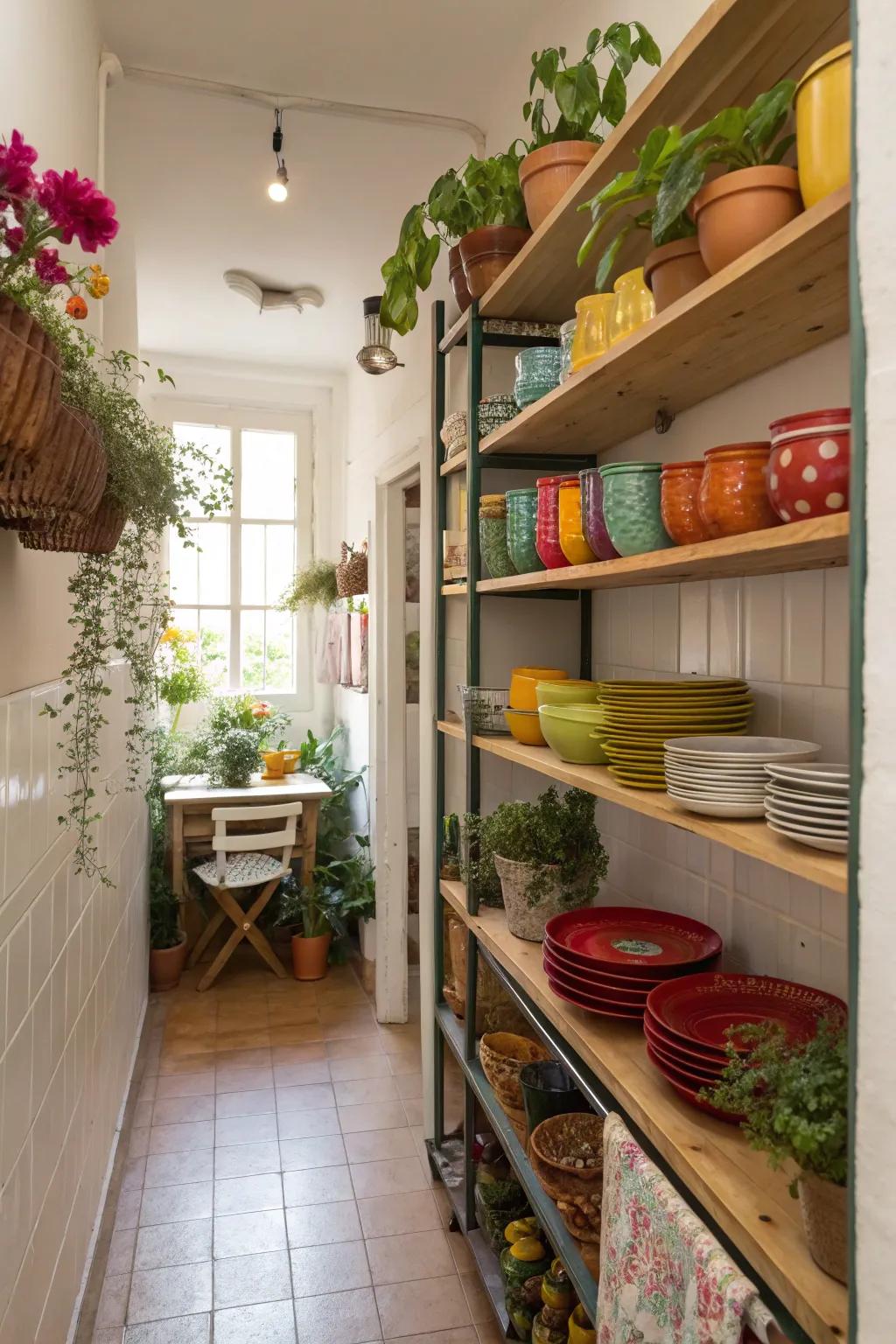 Visible shelving enhances character and accessibility within this kitchen.