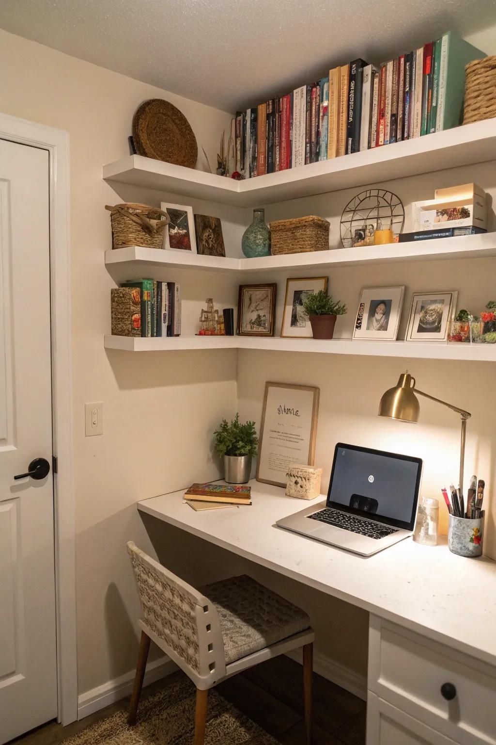 Wall-mounted shelves offer useful storage while enhancing the visual appeal of the office.