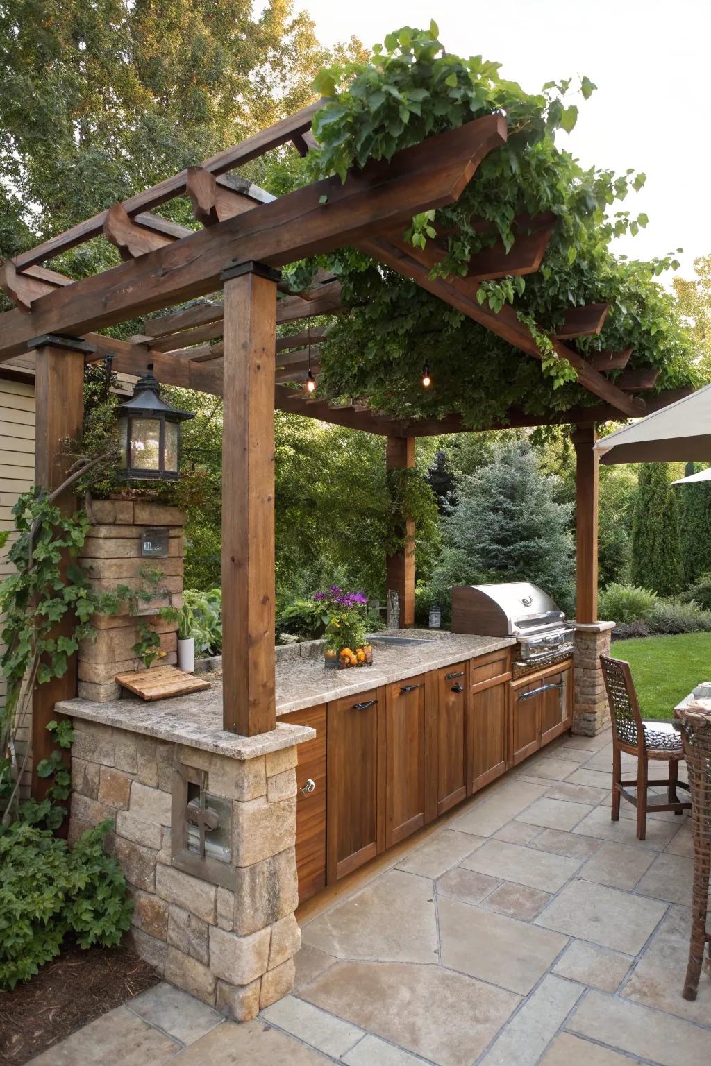 An overhead garden structure enriches with elegance and sun shelter to a scaled-down open-air cooking area.