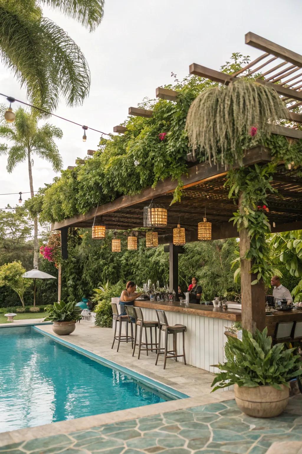 A pergola provides both functionality and charm, evolving your pool bar into an inviting hideaway.
