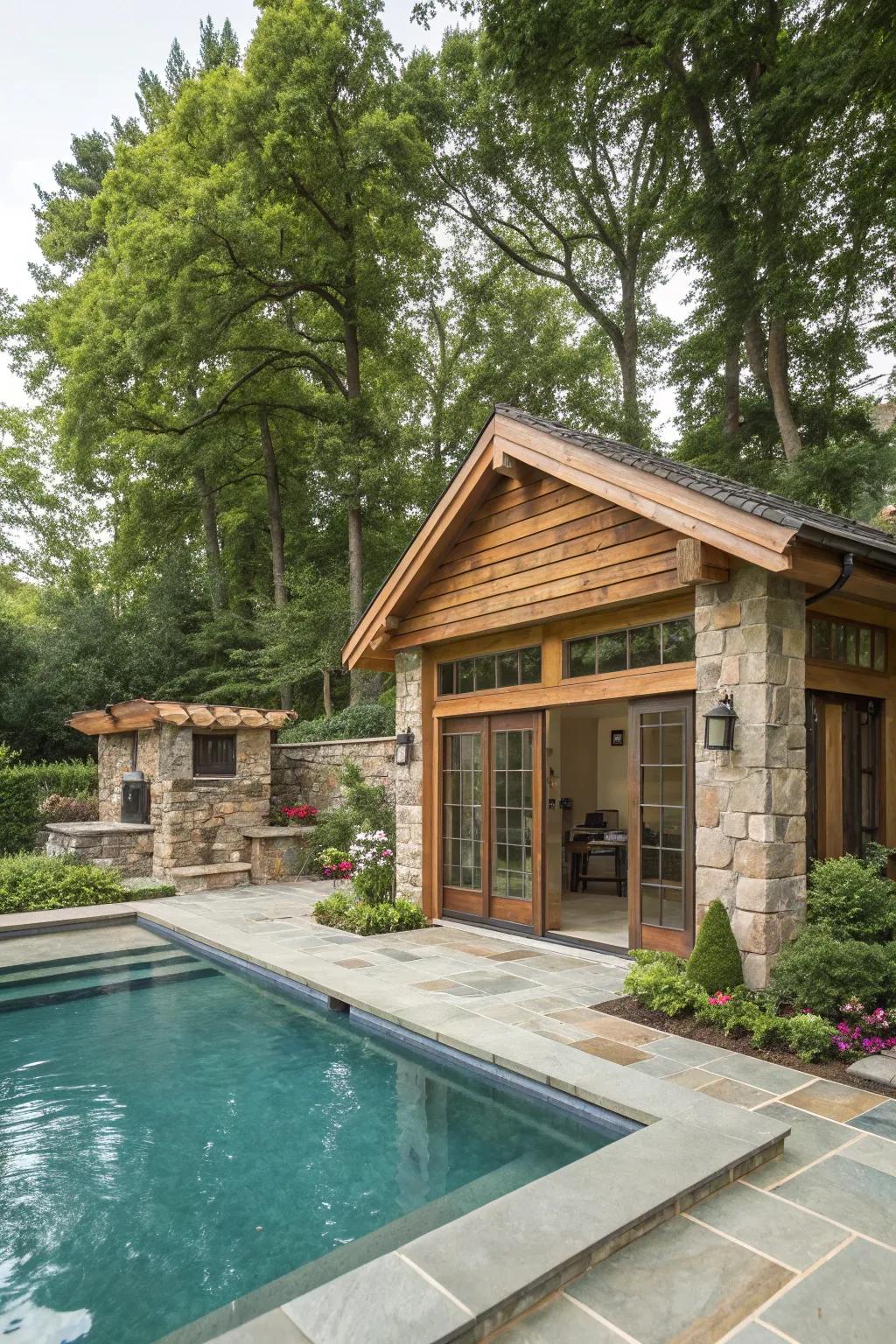 A pool house design harmoniously blending natural materials.