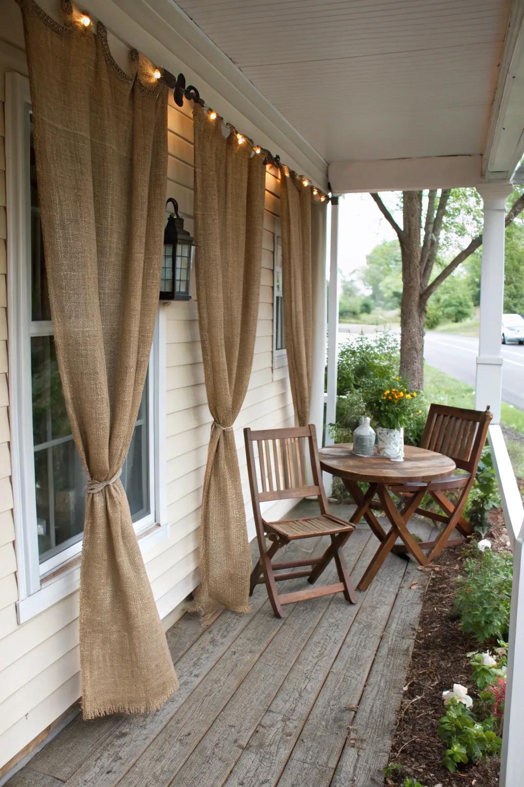 Hessian draperies contribute a rustic elegance to your snug porch scene.