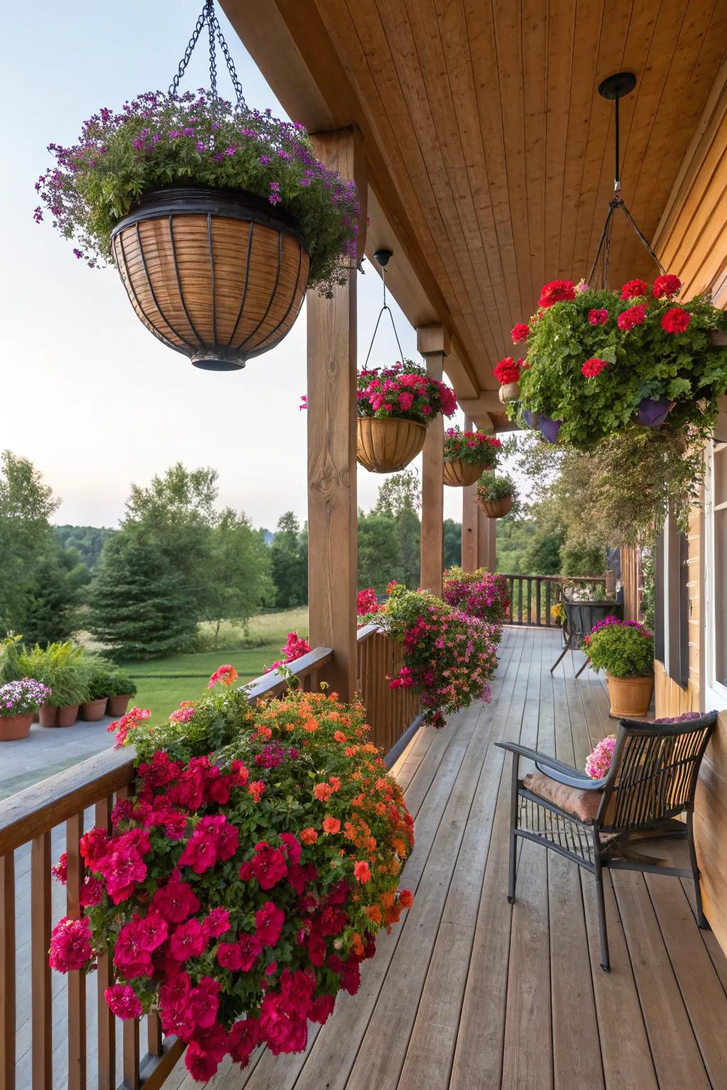 A side porch brought to life with dynamic potted flowers and gracefully suspended baskets.