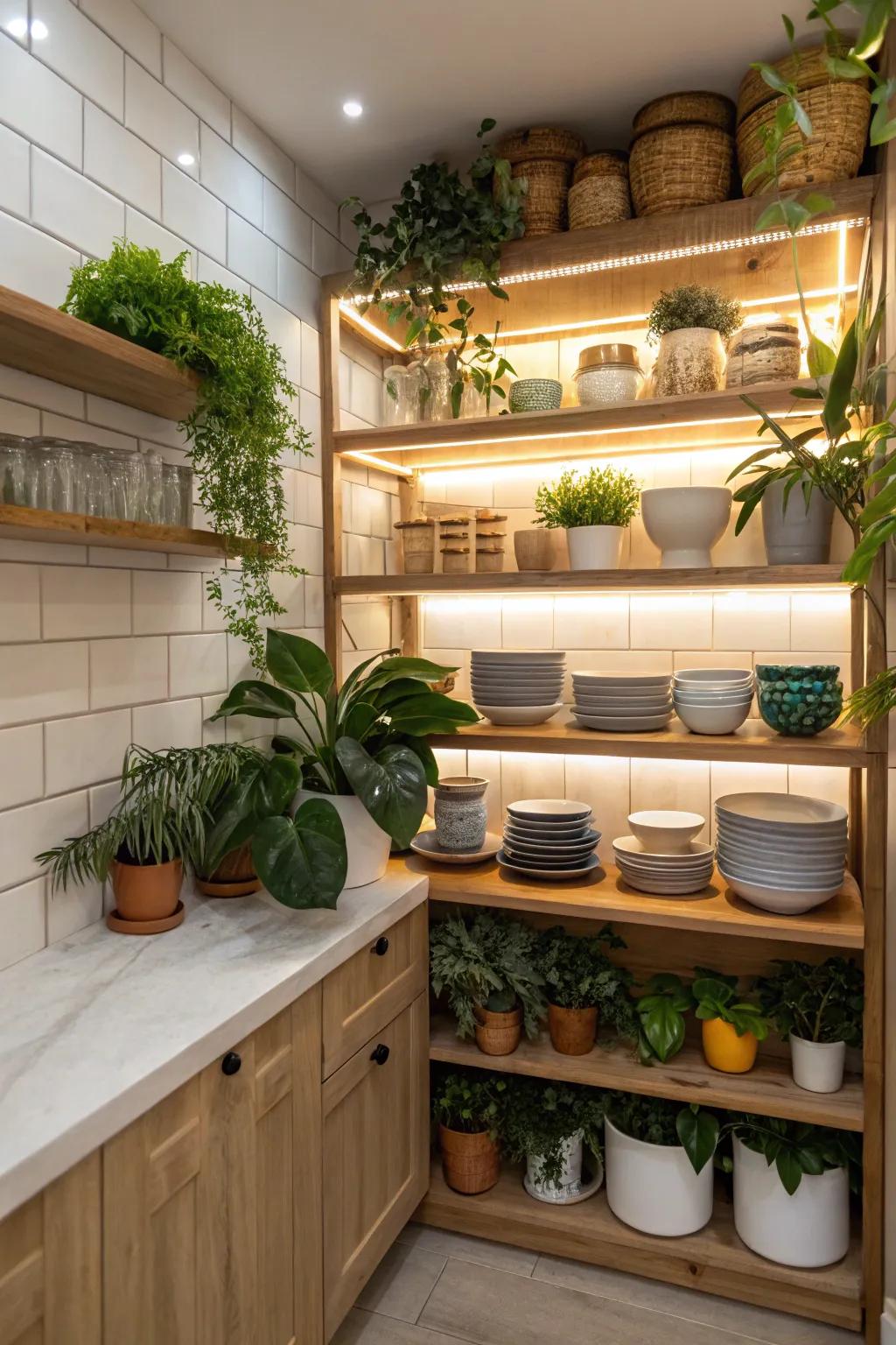 Exposed shelving within a small kitchen, combining charm with accessibility.