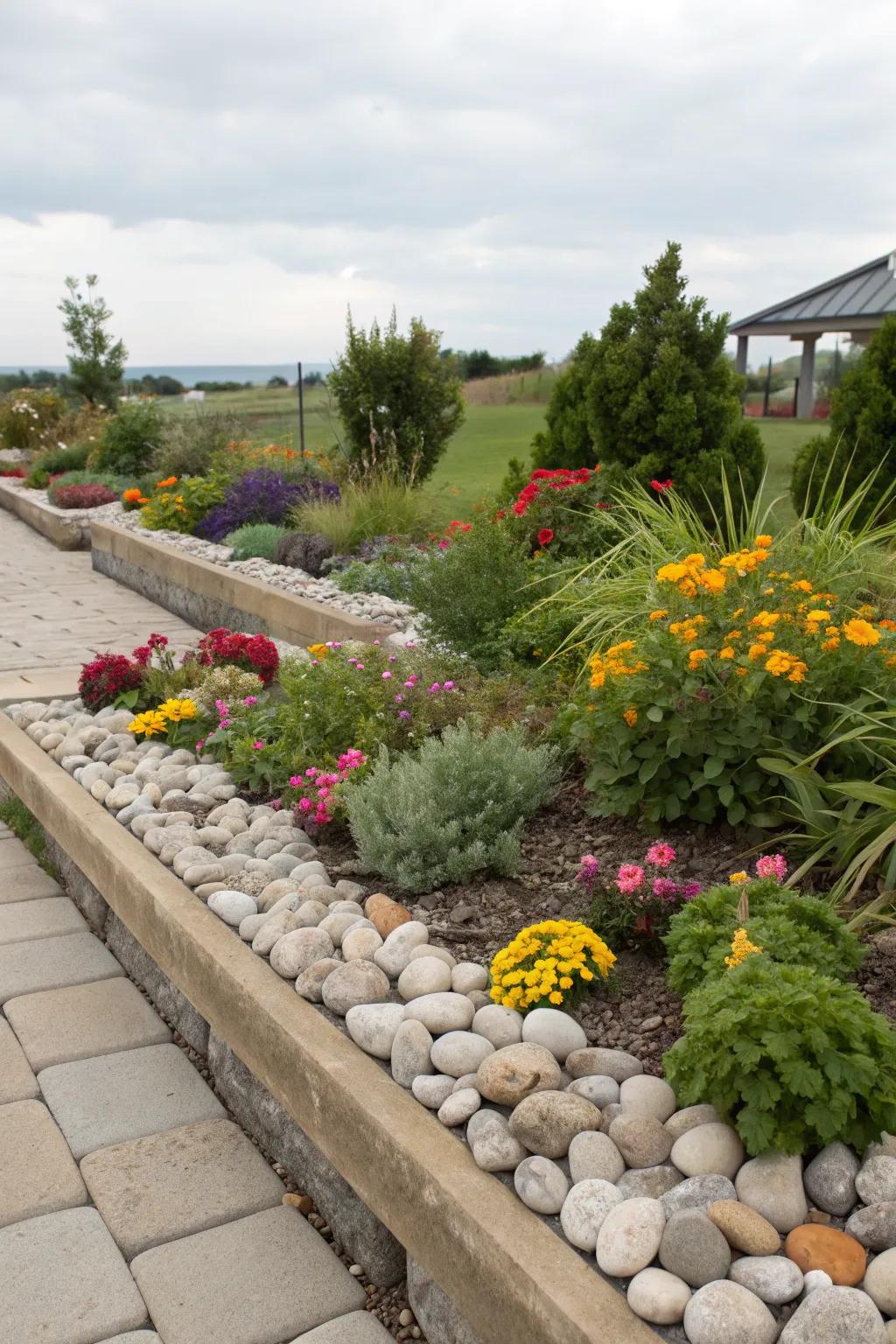 Refined rock-outlined garden beds brimming with vibrant flora.