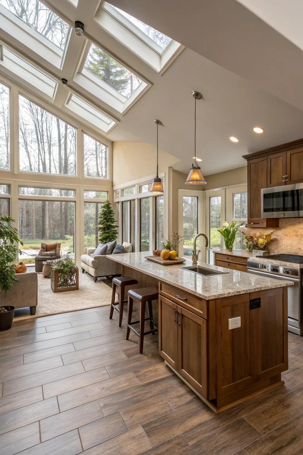 A fluid layout establishes an uninterrupted flow between areas.