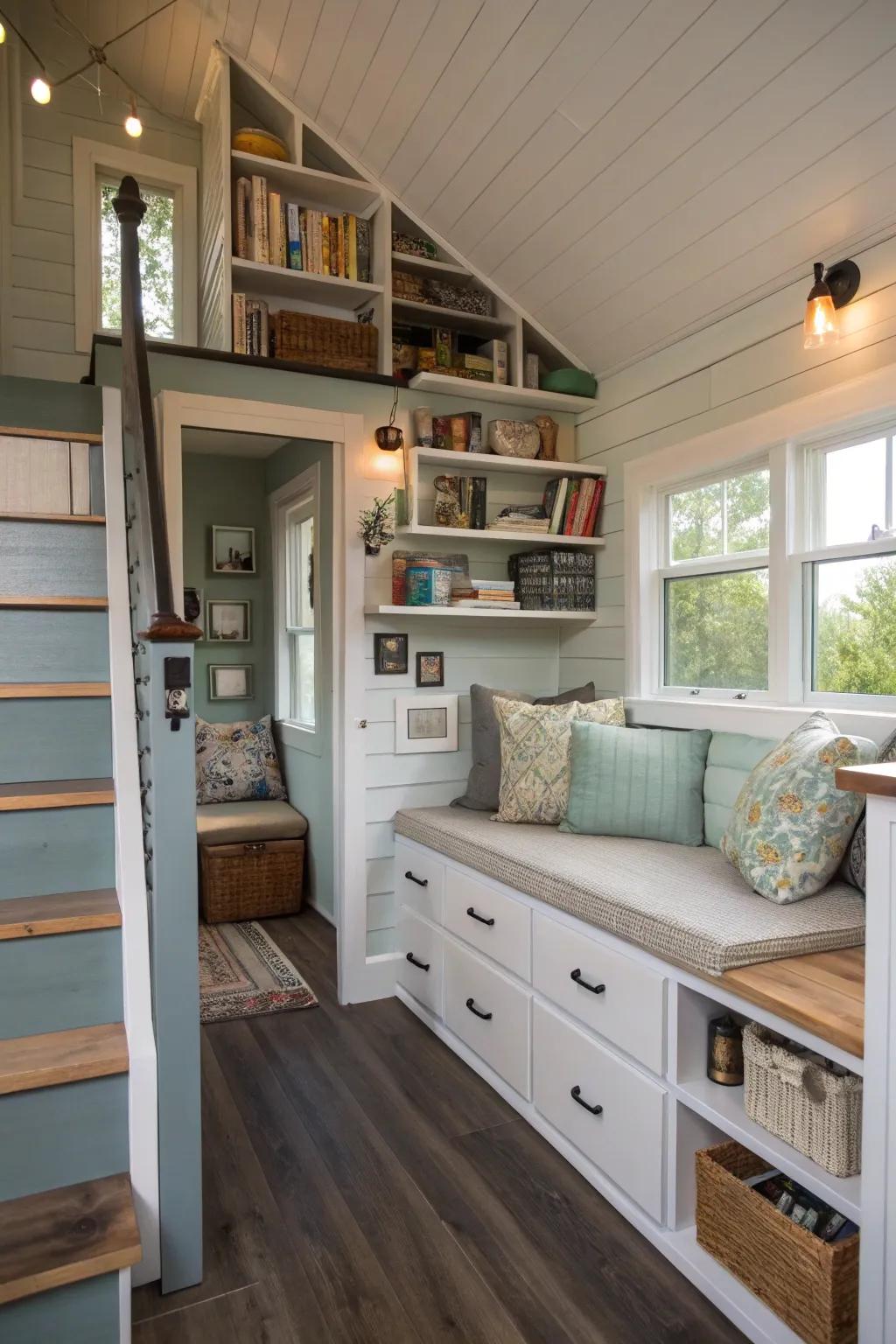 Innovative storage strategies maintain organization and elegance in tiny house living.