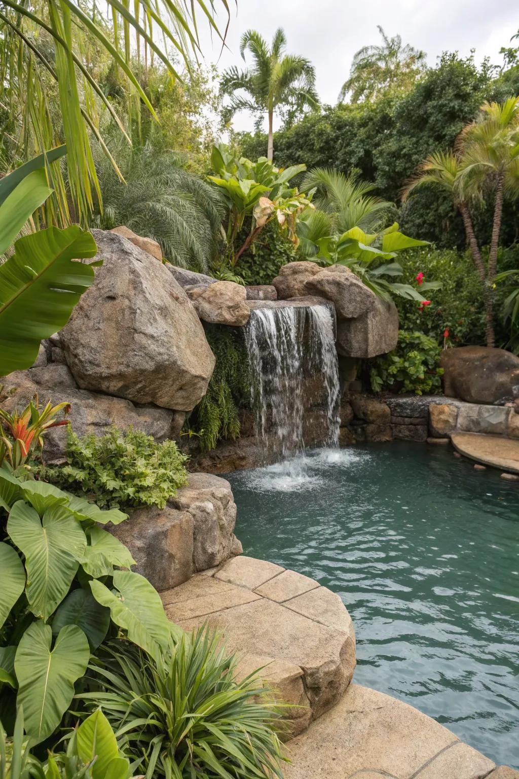 A waterfall constructed from natural stone amplifies the tropical resonance with its peaceful aquatic harmonies.
