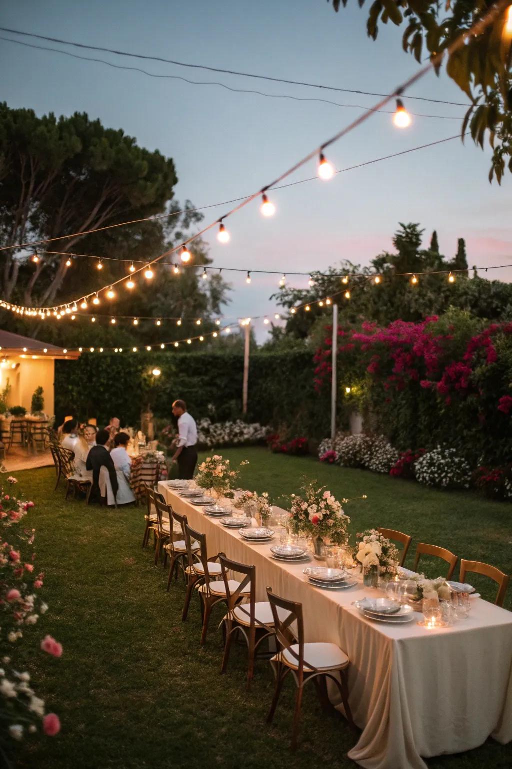 An inviting backyard feast configuration for an intimate wedding festivity.