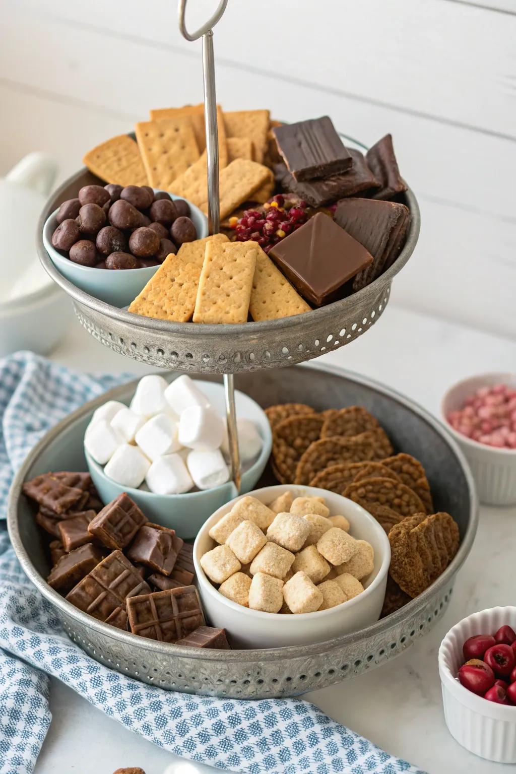 Tiered dessert boards offer a visually appealing way to present s'mores ingredients.