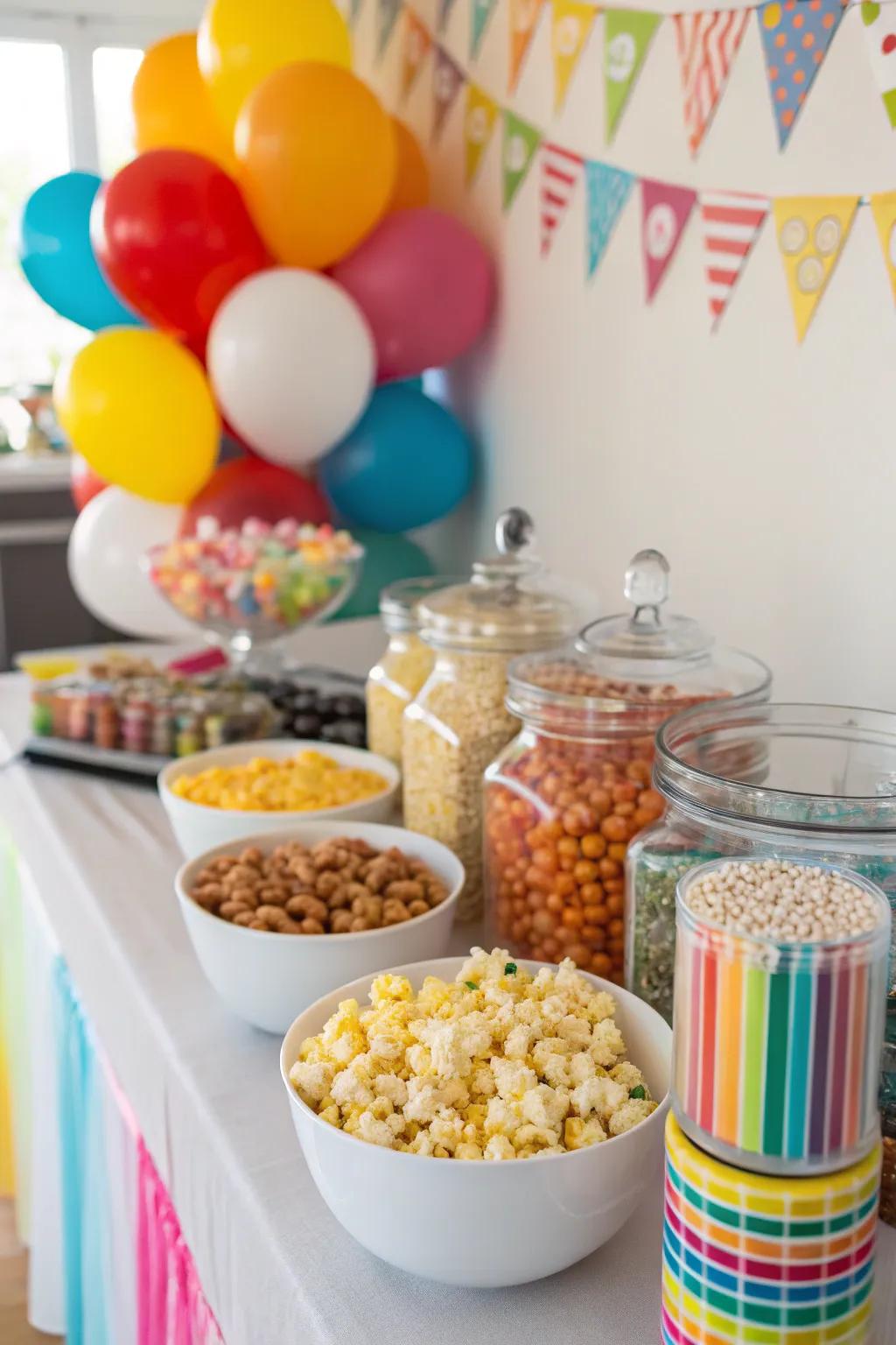 Design your personal popcorn masterpiece at this captivating popcorn buffet.