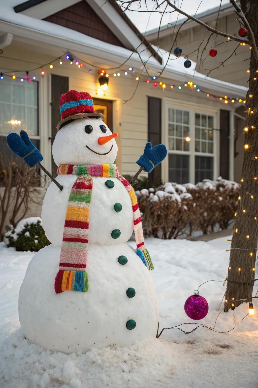 A snow figure outfitted warmly in vibrant cold-weather extras.