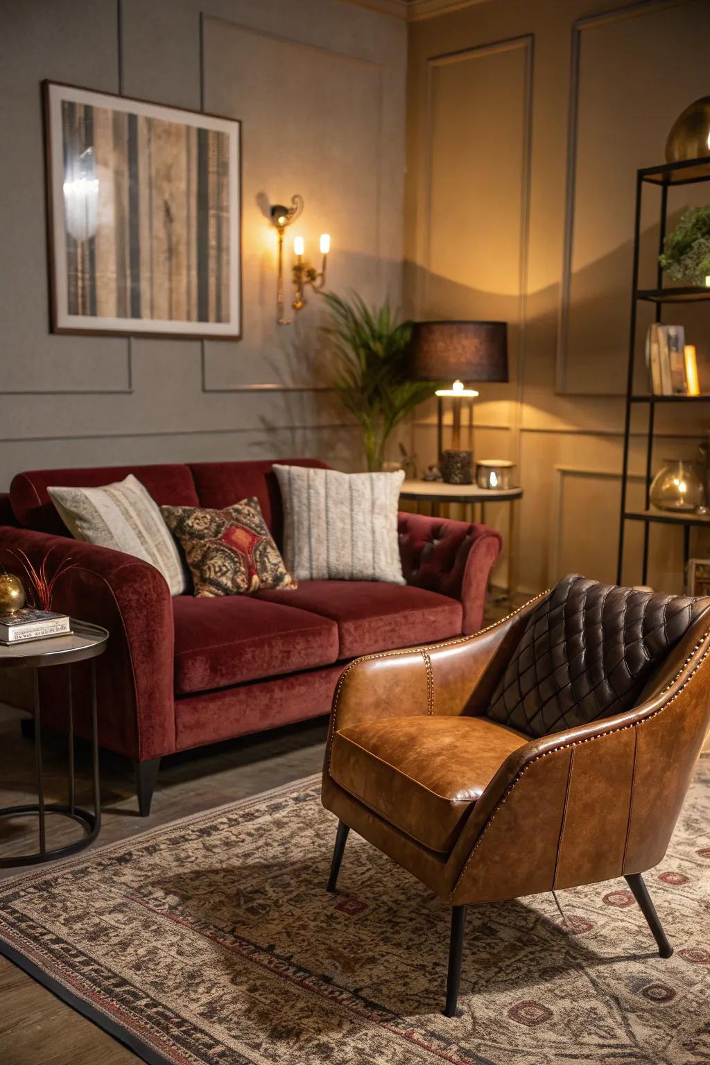Mixing velvet and leather adds depth and richness to the room.