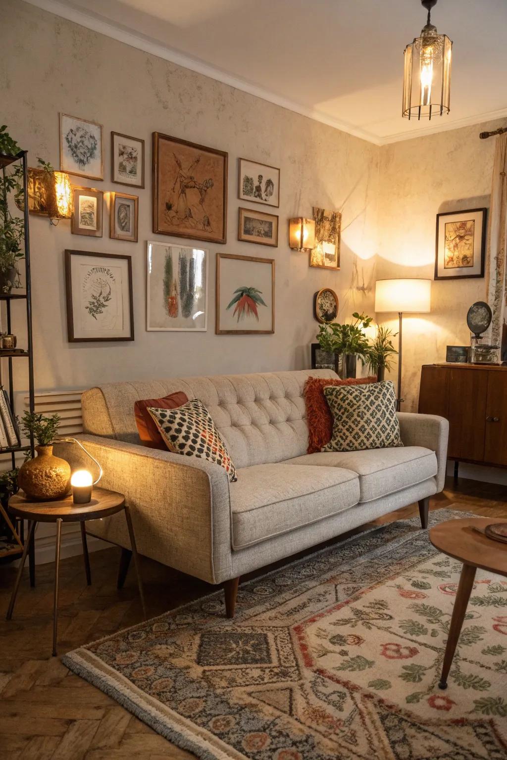 Mid-century charm meets eclectic decor for a unique living space.