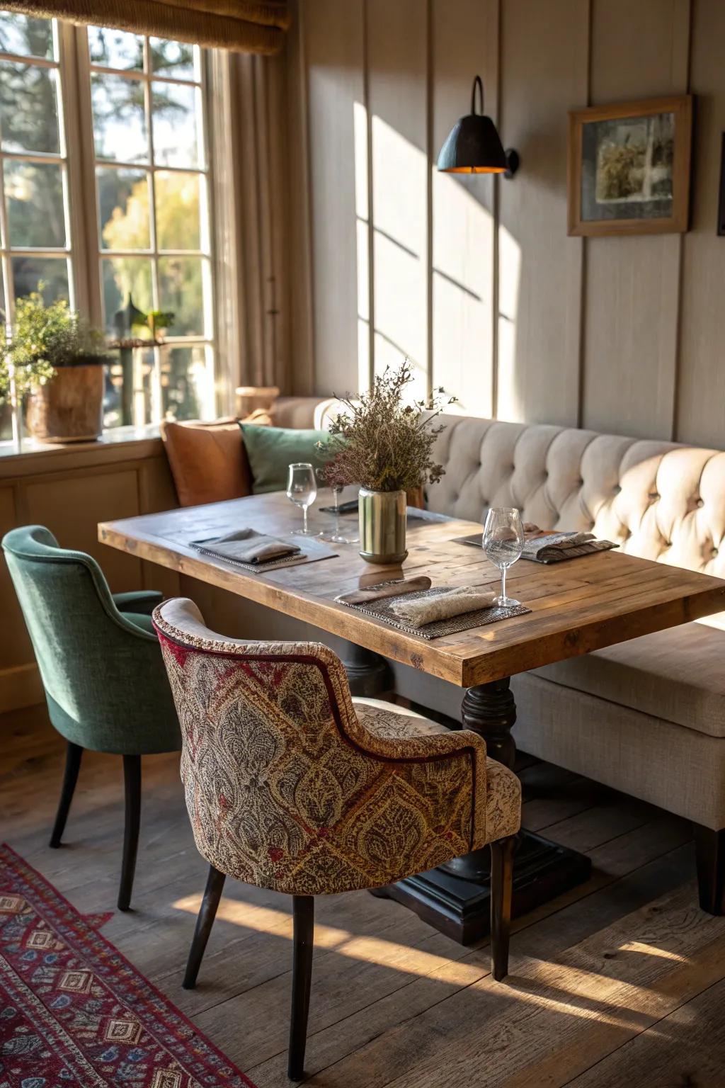 Experiment with diverse seating options for a distinctive dining setup.