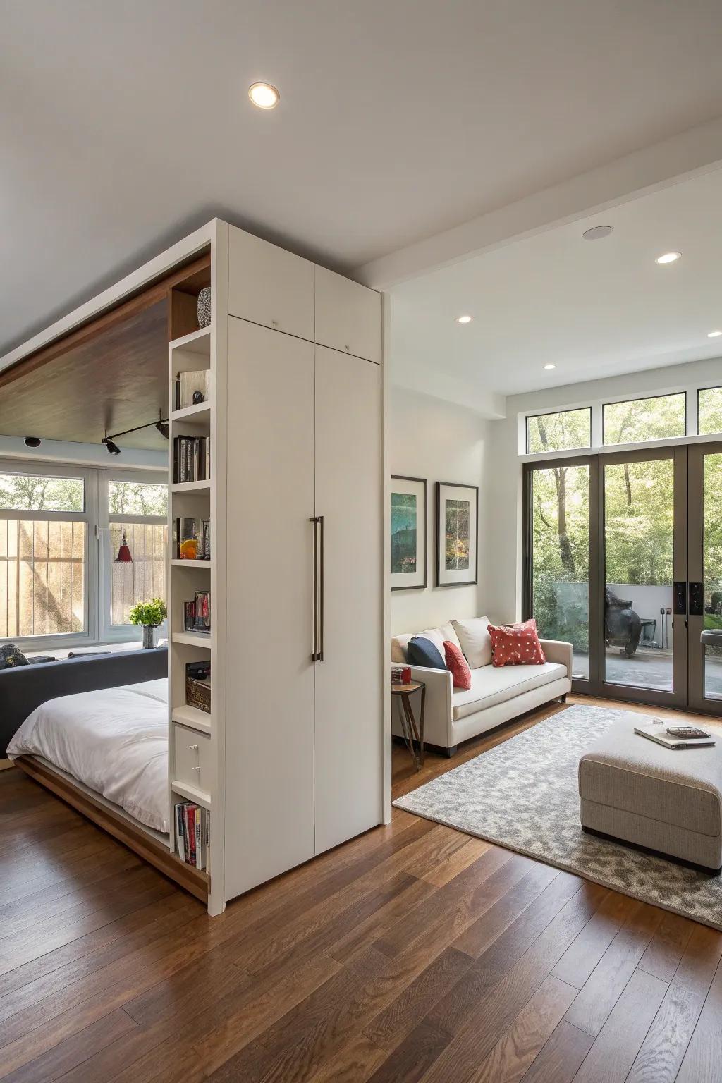 A folding bed elegantly conceals away, creating more room for activities during the day.