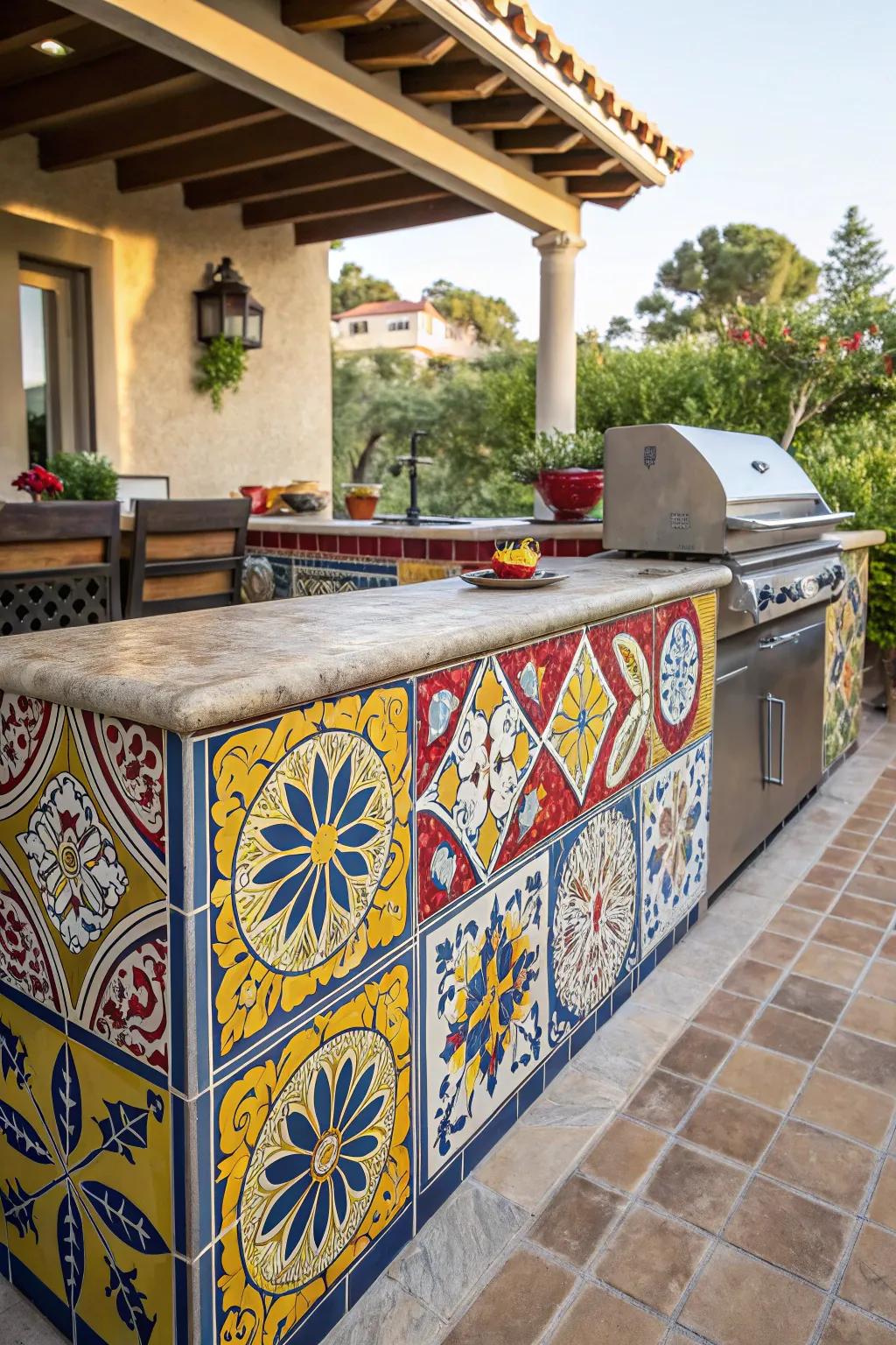 Dynamic Spanish artwork adds a burst of color to this delightful outdoor kitchen.