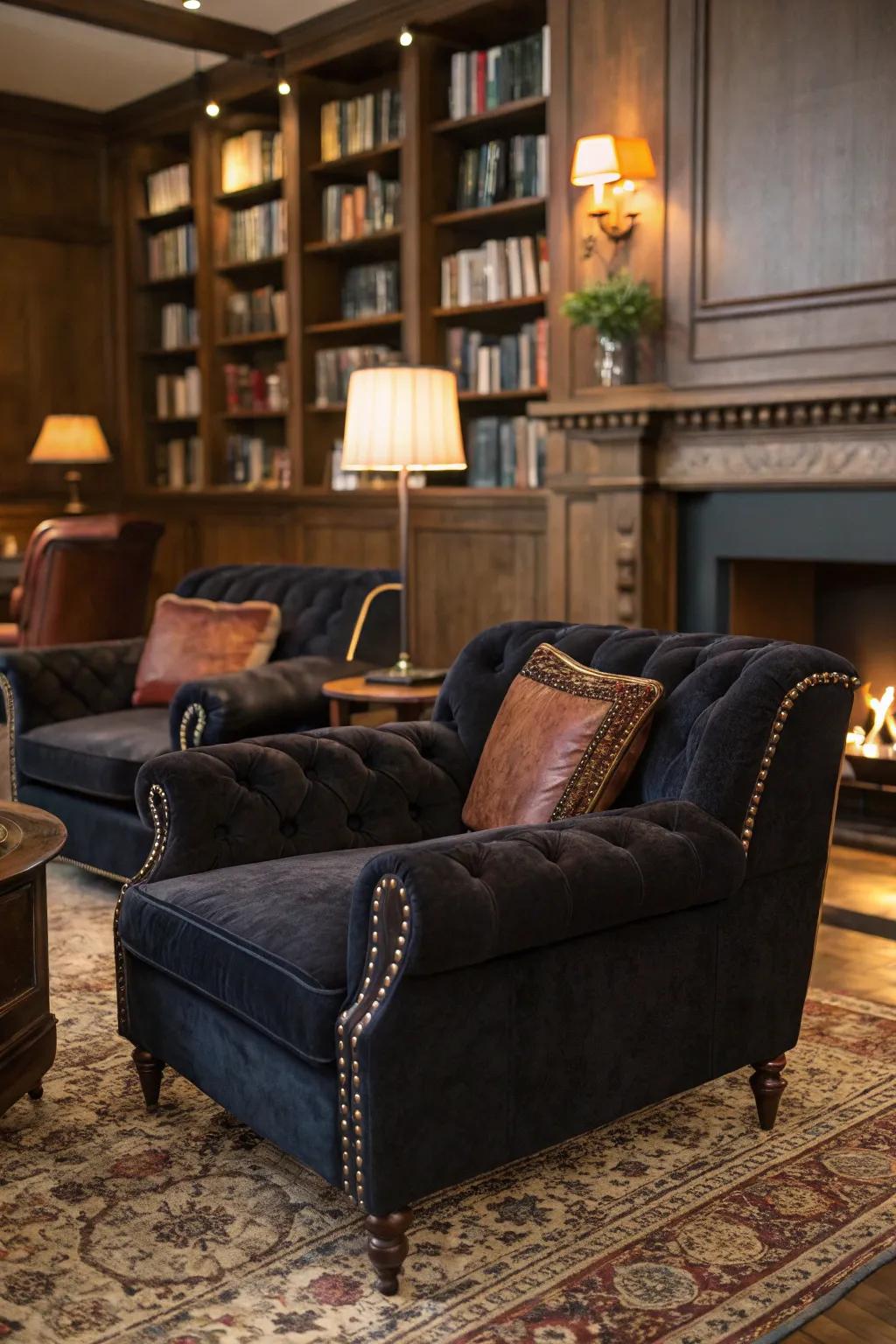 Velvet and leather combine to form an ambiance of luxury and warmth.