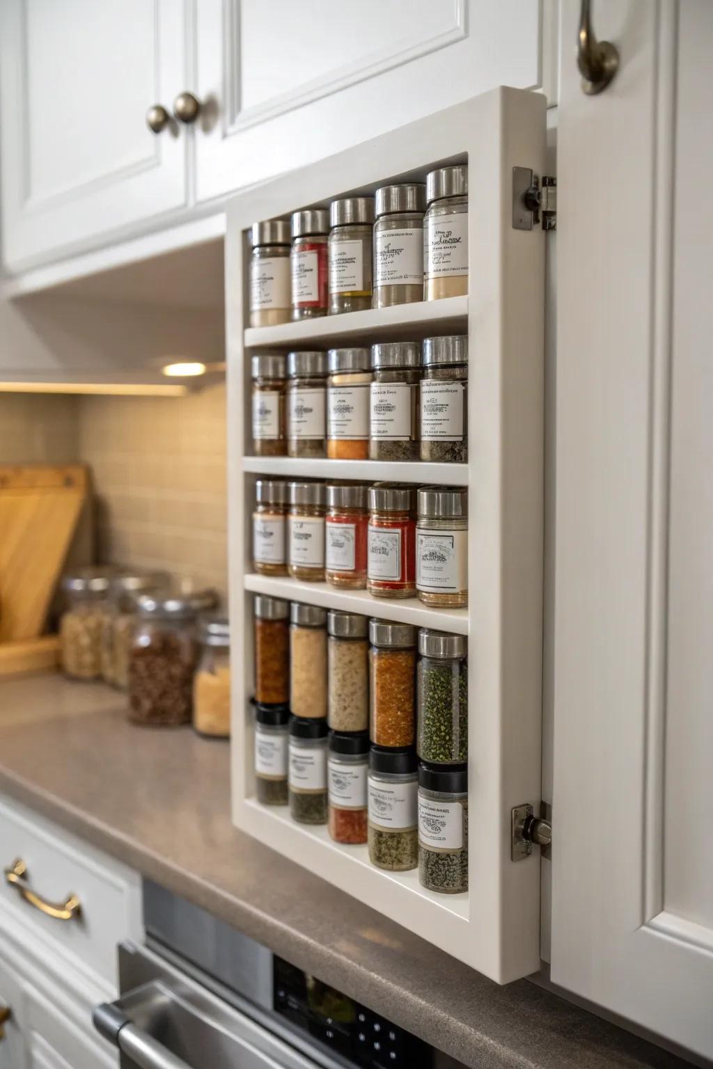 Secret spice storage solution mounted on the inside of a cabinet door.